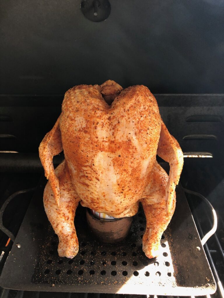 Beer can chicken on the grill,