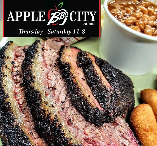 Apple City BBQ Brisket, beans and hush puppies with Apple City hours, Thursday-Saturday 11-8.