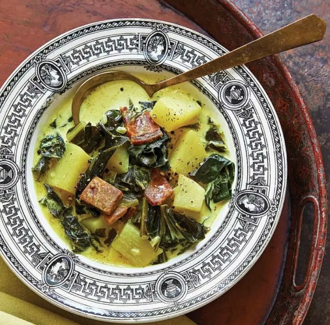 Collard Green Chowder with greens, ham and potatoes, as prepared and shared by Southern Smoke BBQ of NC Pitmaster and Cookbook author Matthew Register.