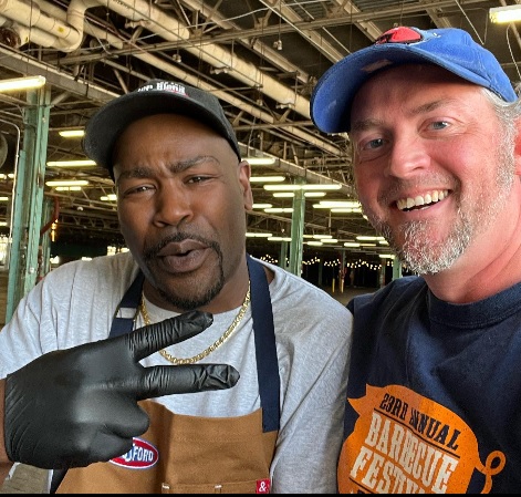 Master Blend Family Farms CEO and Pitmaster Ronald Simmons with Chigger Willard, host of the Low & Slow Barbecue Show.