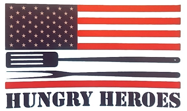 Hungry Heroes logo with barbecue tools embedded in a U.S. flag.