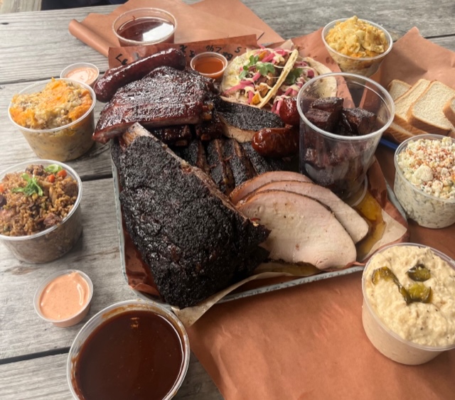Jon G's Barbecue meat tray prepared to order and shared among friends.
