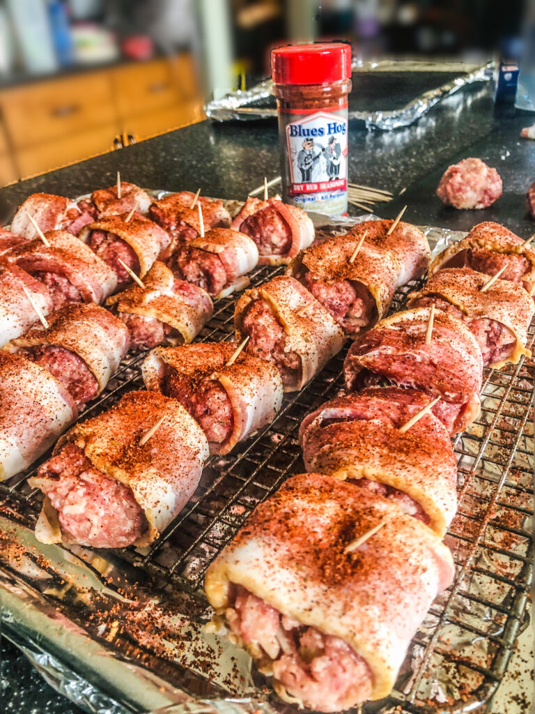 'BOINK' balls wrapped in bacon, seasoned and ready for the smoker.