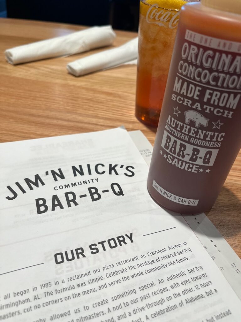 Jim 'N Nick's Community Bar-B-Q Menu and BBQ sauce.