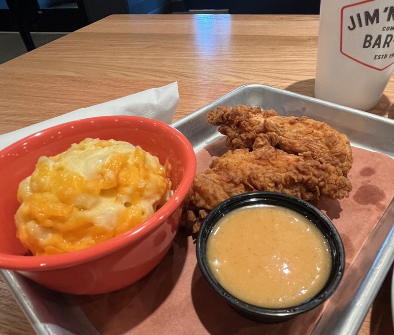 Macaroni & cheese, chicken tenders and honey mustard.