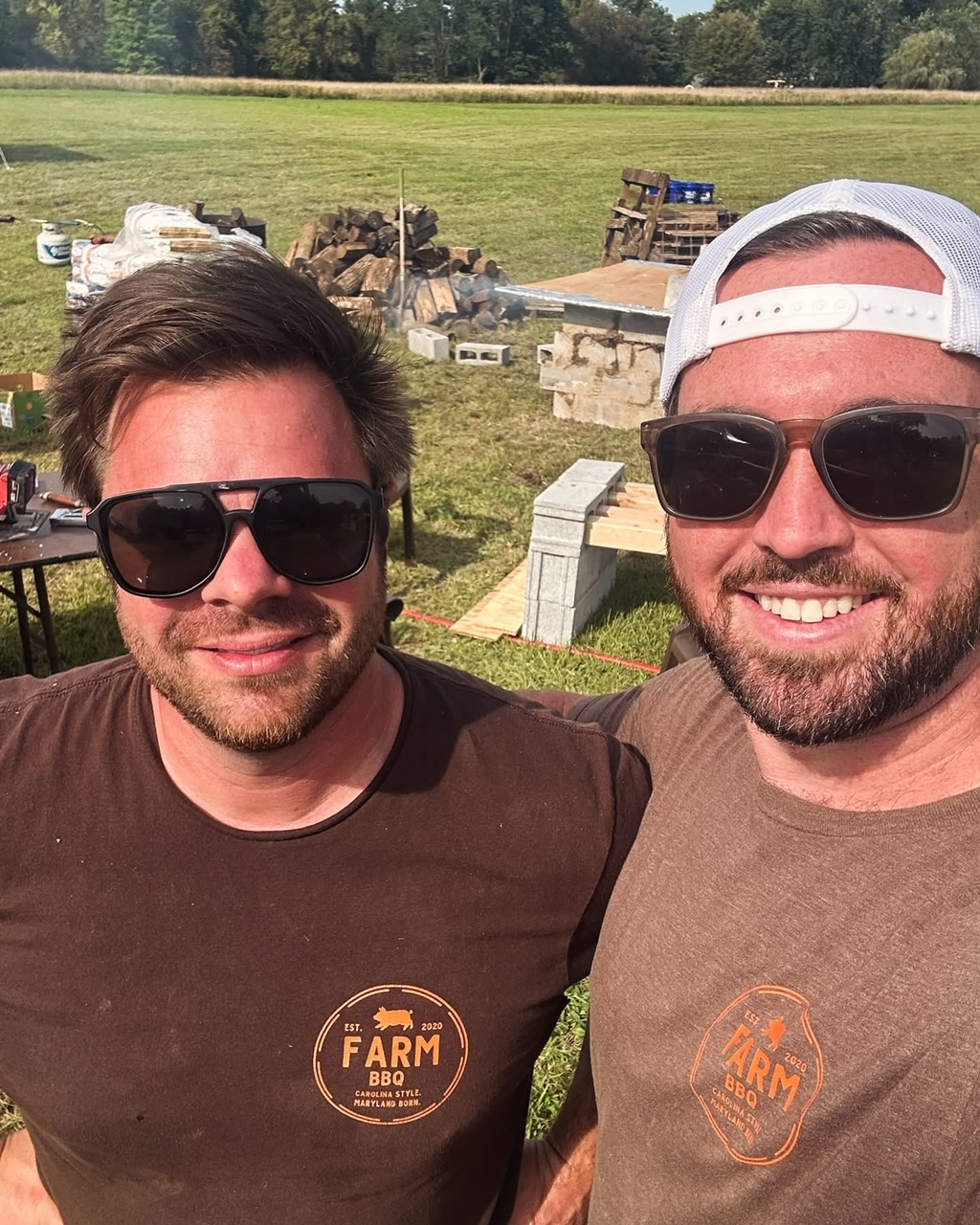 Farm BBQ Founders Will and Mark build cinder block smoke pits. 