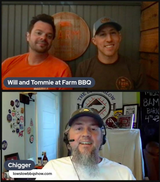 Farm BBQ principals Will and Tommie talk with Chigger Willard during a Low & Slow Barbecue Show episode. 