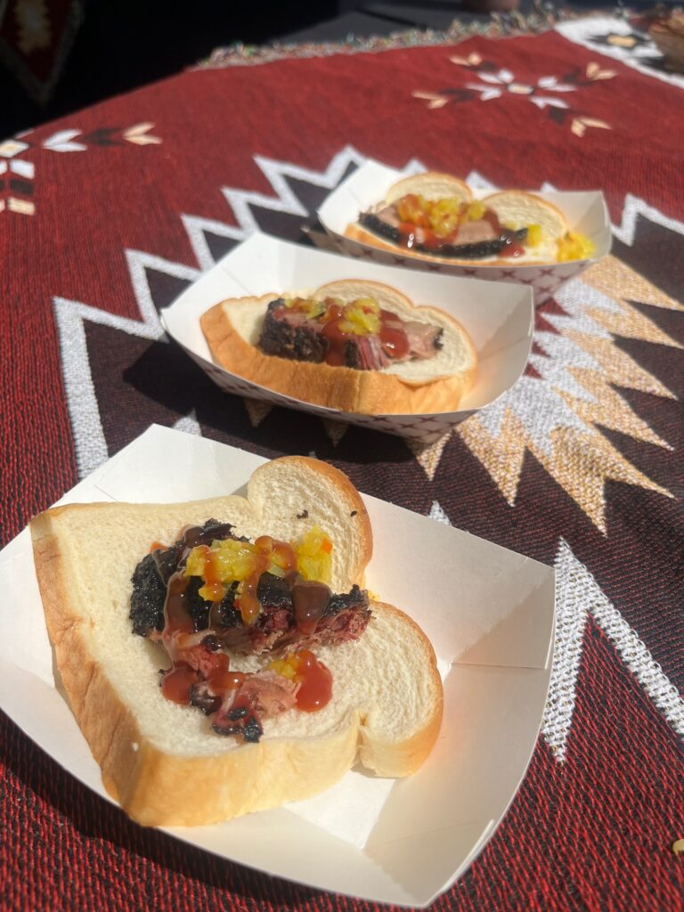 Brisket fold-ups with pickled peppers and Fork Grove barbecue sauce. 