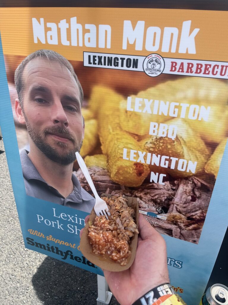Lexington Barbecue tray with pork, red slaw and Lexington Barbecue third generation pitmaster Nathan Monk.