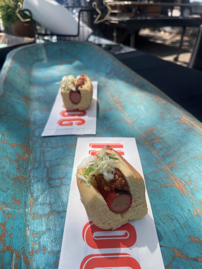 Bright Leaf hot dogs with chili and slaw. 